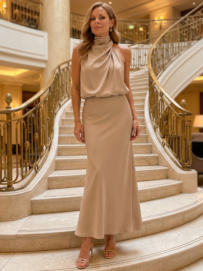 NOPAL | ÄRMELLOSES MIDI-KLEID MIT WASSERFALLAUSSCHNITT
