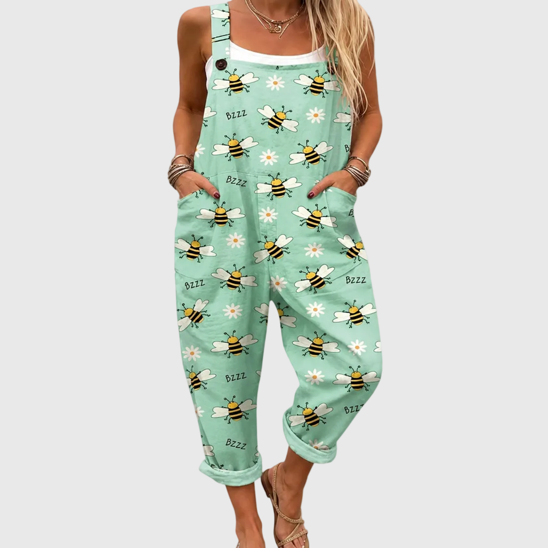 WEICHER JUMPSUIT MIT BIENEN- UND GÄNSEBLÜMCHEN-MUSTER