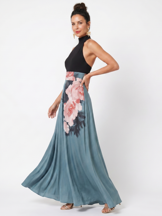 OLYMPAS | MAXIKLEID MIT HALTERNECK-OBERTEIL UND BLUMENMUSTER-ROCK