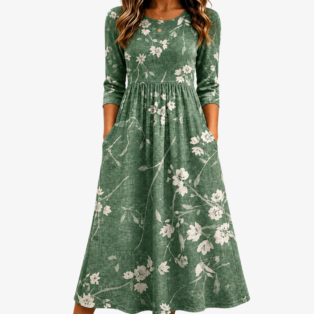 FLORA | EVERGREEN BLOOM RELAXED POCKET MIDI-KLEID