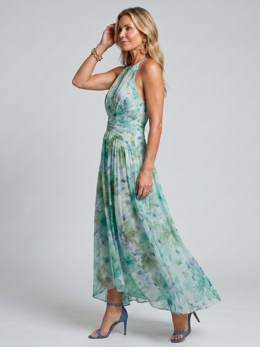 PORTIA | PLISSIERTES HALTERNECK-MIDIKLEID MIT ZARTEM BLUMENMUSTER