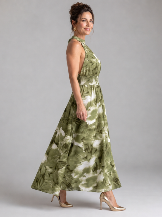 OLIVIA | MIDI-KLEID MIT GERAFTER TAILLE UND ABSTRAKTEM DRUCK