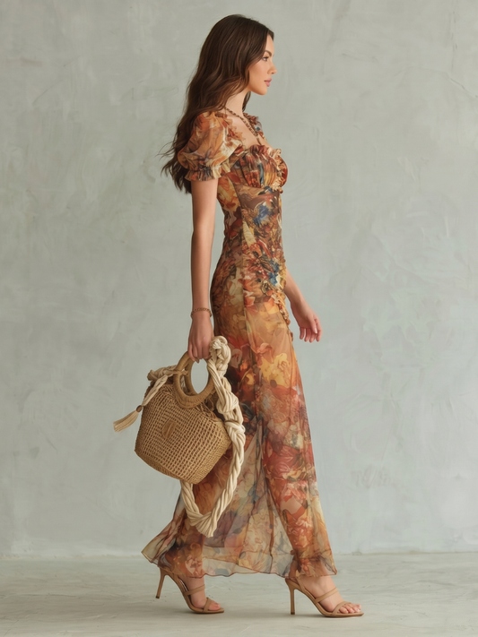 CIEL | MIDI-KLEID MIT RÜSCHENÄRMELN, RAFFUNGEN UND SCHLITZ