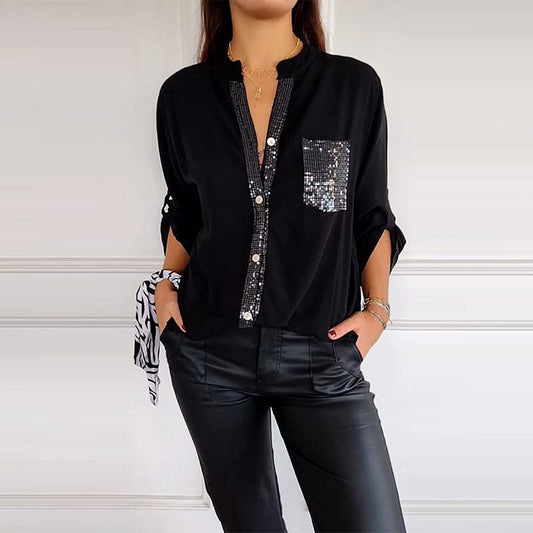 VERITY | SEQUIN TRIM BUTTON-UP SHIRT