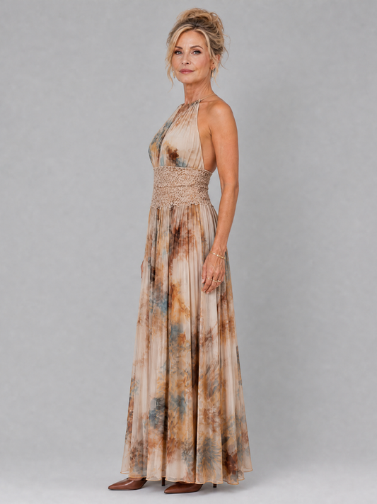 ELAVENUE | MAXIKLEID MIT HALTERNECK-AUSSCHNITT UND SPITZENTAILLE