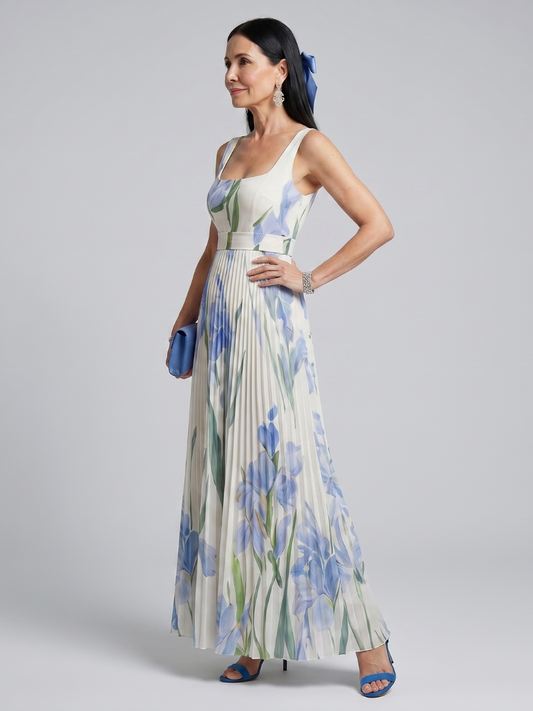 OPHELIA | ÄRMELLOSES MIDI-KLEID MIT ECKIGEM AUSSCHNITT UND BLUMENPRINT