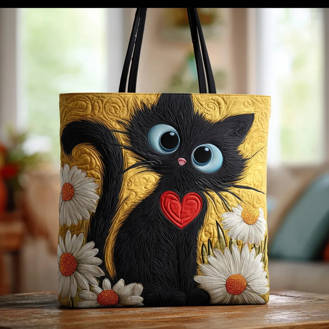 PIPER | HANDGEFERTIGTE TASCHE MIT SCHWARZER KATZE, HERZ UND GÄNSEBLÜMCHEN