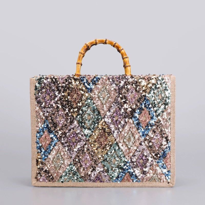 MOSAICGLIMMER | MEHRFARBIGE HENKELTASCHE AUS BAMBOO MIT PAILLETTEN