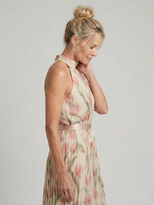 AURELLE | MIDI-KLEID MIT HALTERNECK-AUSSCHNITT UND BLUMENMUSTER