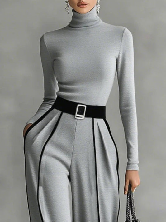 AMELIA | BLACK TRIM HIGH NECK TOP AND WIDE LEG PANTS SET