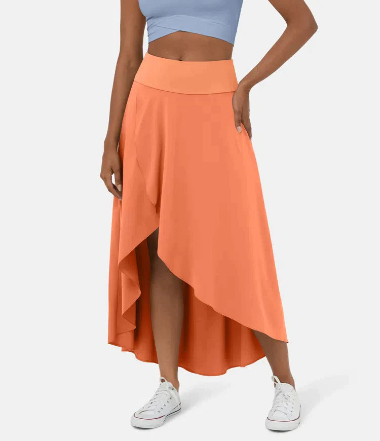 BERYL | SCHNELLTROCKNENDER MIDI-ROCK MIT HOHEM BUND UND RÜSCHENSAUM