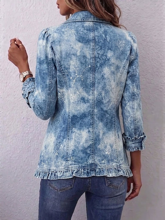 JEMISON | BOHO-STYLE GRADIENT VINTAGE BOTANICAL PRINT RUFFLE-DETAIL JACKET