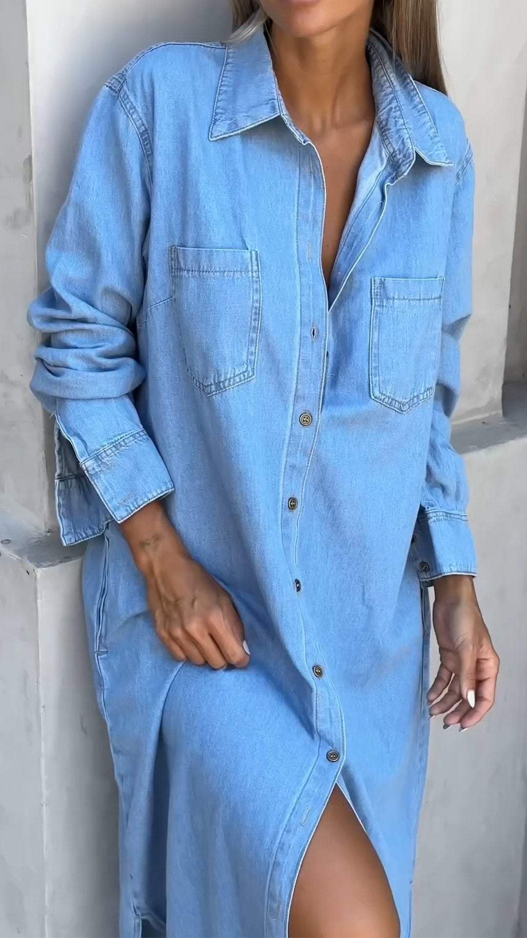 DINAH | LONG SLEEVE LAPEL DENIM DRESS