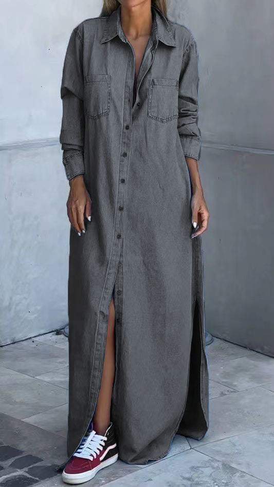 DINAH | LONG SLEEVE LAPEL DENIM DRESS
