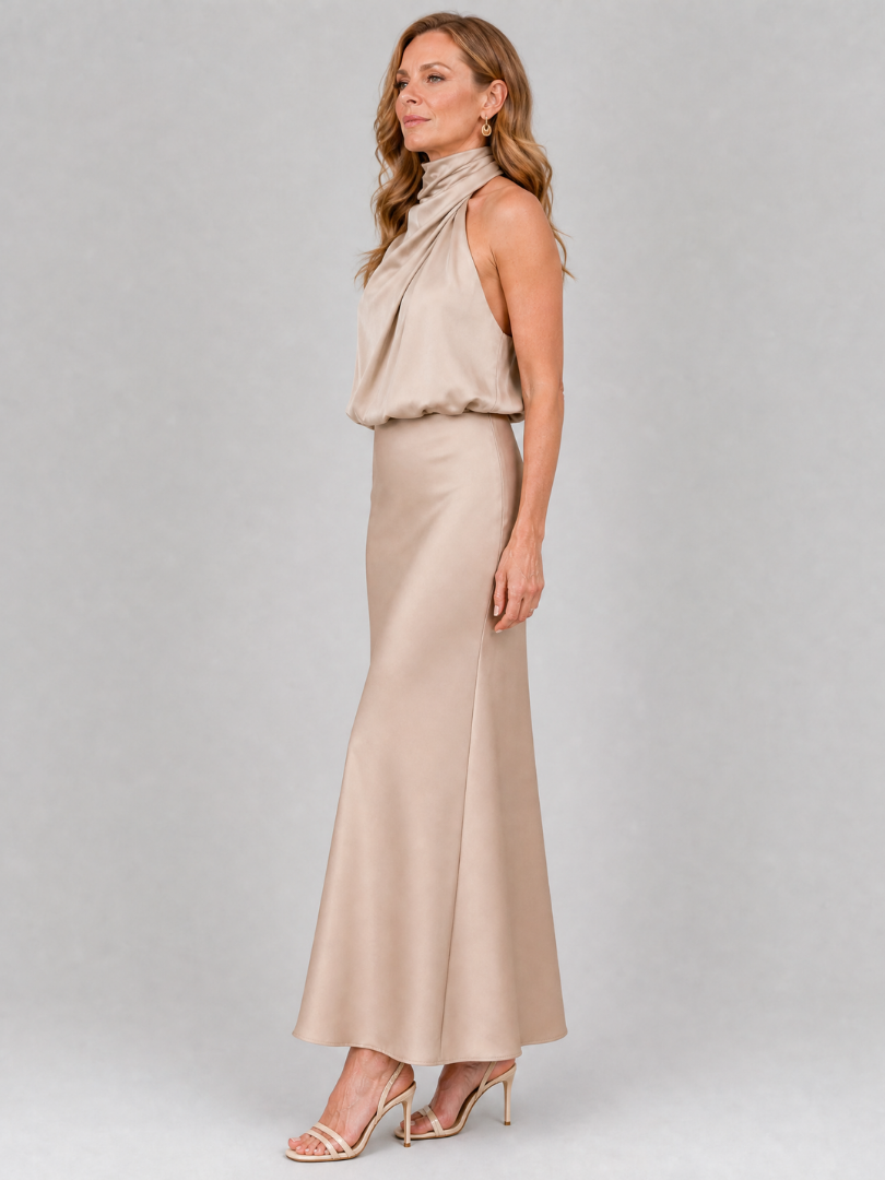NOPAL | ÄRMELLOSES MIDI-KLEID MIT WASSERFALLAUSSCHNITT