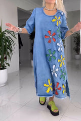 SYLVIE | MAXIKLEID MIT DENIM-BLUMENMUSTER