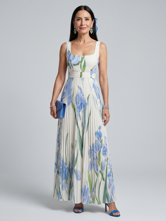 OPHELIA | ÄRMELLOSES MIDI-KLEID MIT ECKIGEM AUSSCHNITT UND BLUMENPRINT