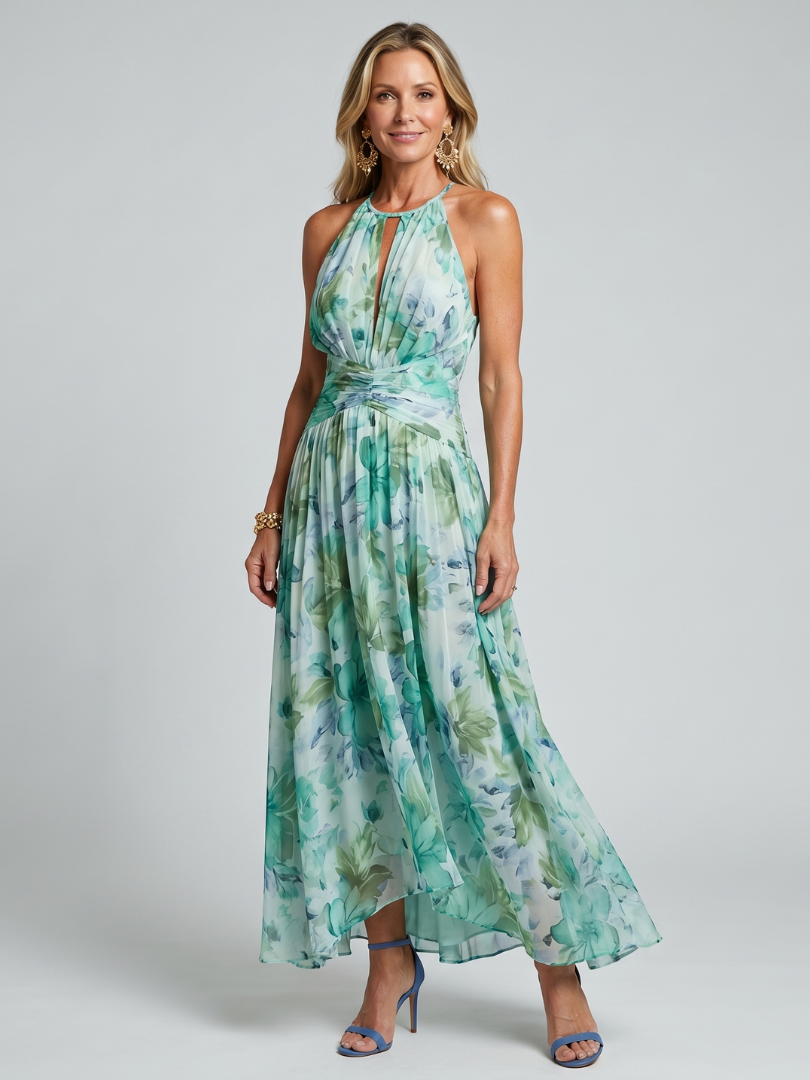 PORTIA | PLISSIERTES HALTERNECK-MIDIKLEID MIT ZARTEM BLUMENMUSTER
