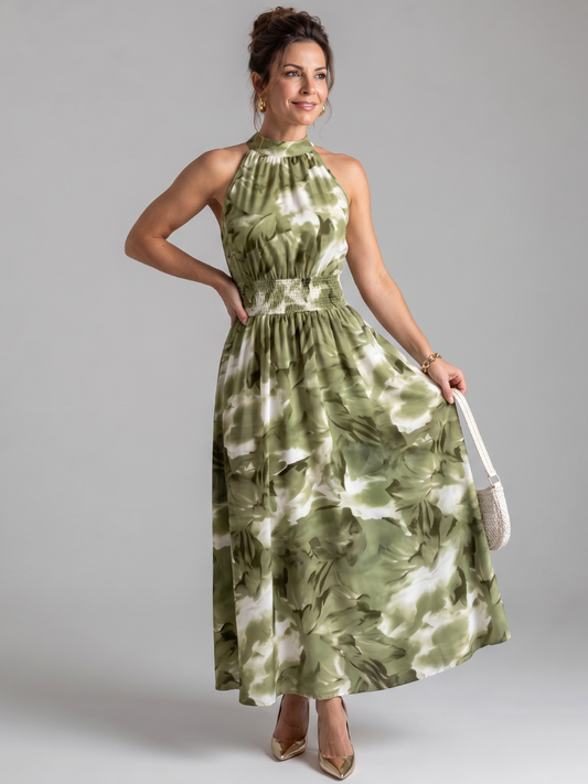 OLIVIA | MIDI-KLEID MIT GERAFTER TAILLE UND ABSTRAKTEM DRUCK