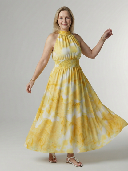 SYLIN | GATHERED HALTER MIDI DRESS