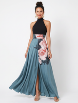 OLYMPAS | MAXIKLEID MIT HALTERNECK-OBERTEIL UND BLUMENMUSTER-ROCK