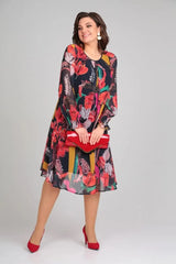 MARGOT | LÄNGERES CHIFFON-MIDIKLEID MIT LANGEN ÄRMELN UND MARKANTEM BLUMENPRINT