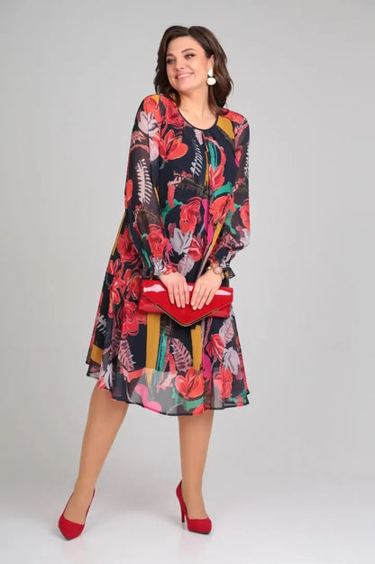 MARGOT | BOLD FLORAL PRINT LONG-SLEEVE CHIFFON MIDI DRESS