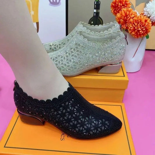 ROWENA | CRYSTAL LACE SCALLOP TRIM BLOCK HEEL SHOES