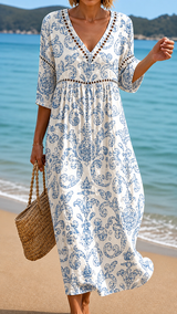 MAISIE | WEICHES MIDI-KLEID MIT KLASSISCHEM BLAUEN MUSTER