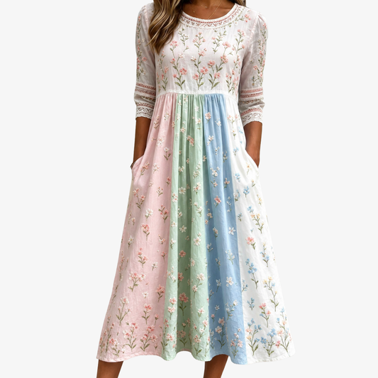 FREYA | MIDI-KLEID MIT TASCHEN – FLORALES PASTEL-WIESENDESIGN
