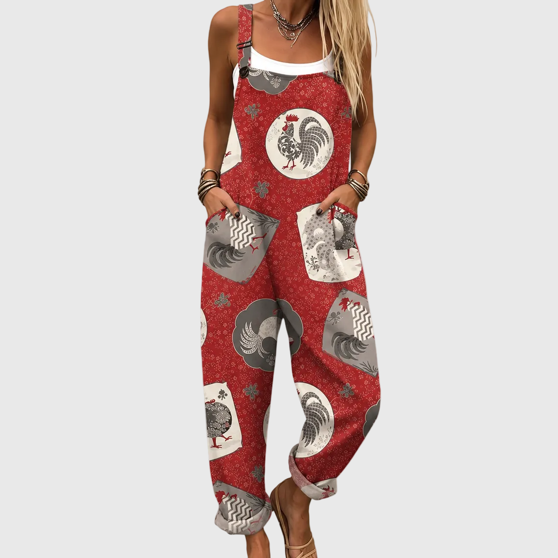 LÄSSIGE LATZHOSE MIT VINTAGE-HAHNEN-PRINT