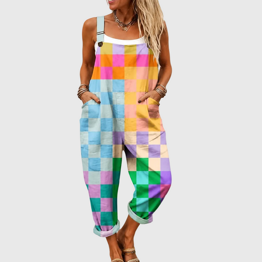 WEICHER PATCHWORK-JUMPSUIT IN MEHRFARBIGEM DESIGN