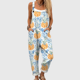 WEICHER JUMPSUIT MIT KÜRBISSEN UND BLAUEM BLUMENMUSTER