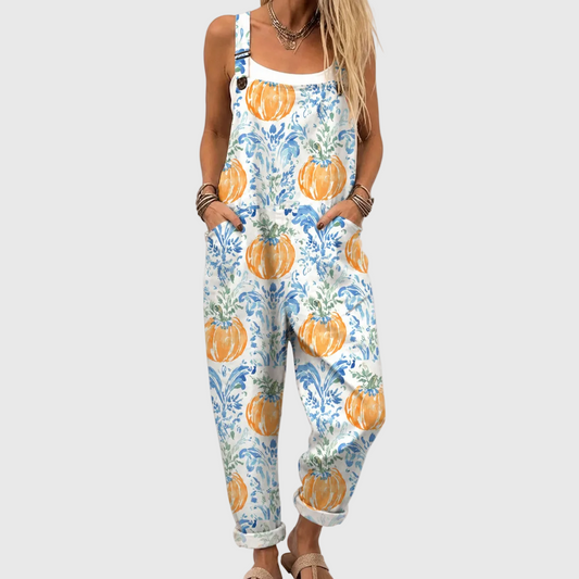 WEICHER JUMPSUIT MIT KÜRBISSEN UND BLAUEM BLUMENMUSTER