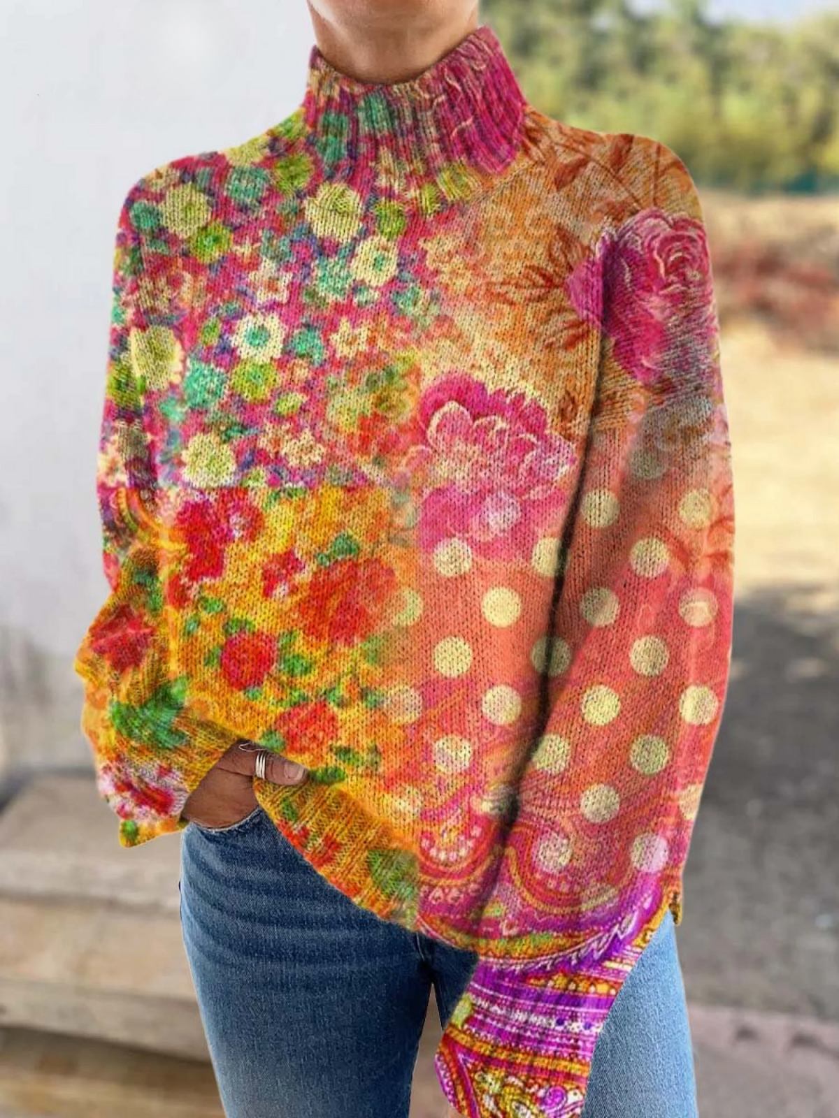 AMELIA | GESTRICKTER PULLOVER MIT BLUMEN-PUNKT-MUSTER
