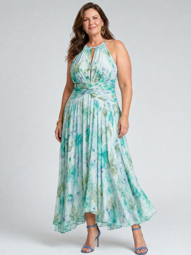 PORTIA | PLISSIERTES HALTERNECK-MIDIKLEID MIT ZARTEM BLUMENMUSTER