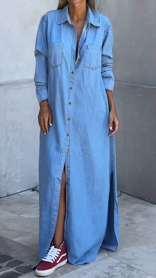 DINAH | LANGÄRMELIGES JEANSKLEID MIT REVERSKRAGEN