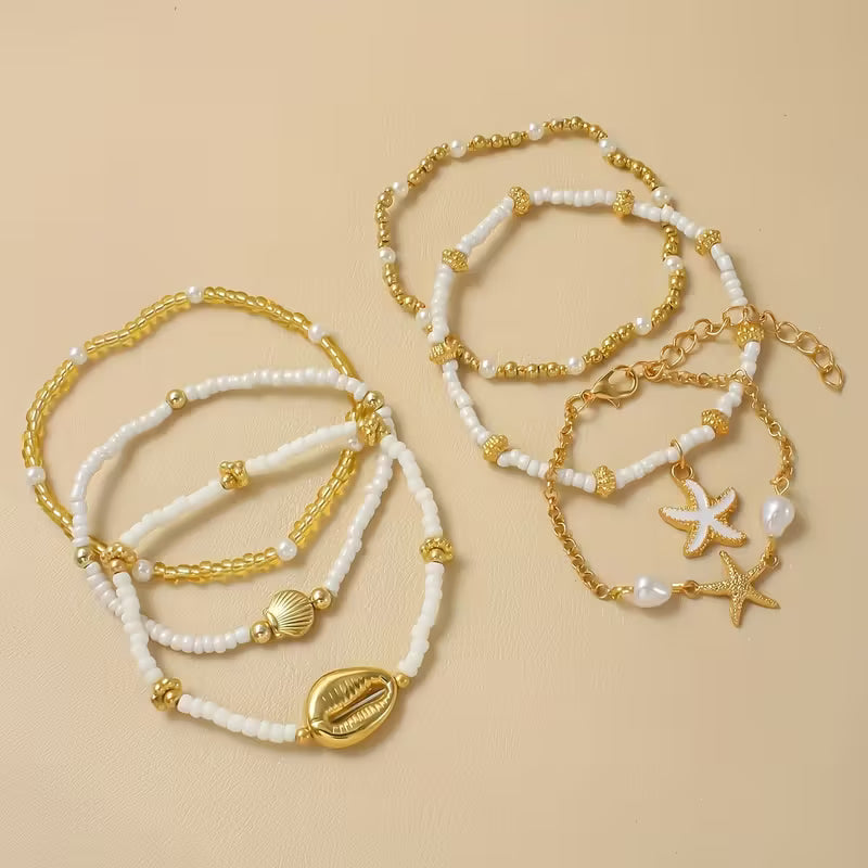 CORALIA | KÜSTEN-GOLD & PERLEN ARMBAND-SET, 6-TLG.