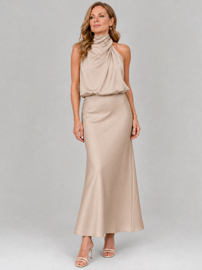 NOPAL | ÄRMELLOSES MIDI-KLEID MIT WASSERFALLAUSSCHNITT