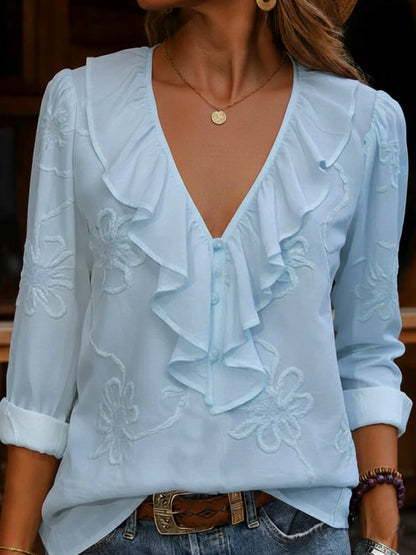 CELESTINE | VINTAGE FLORAL FRILL V-NECK SHIRT