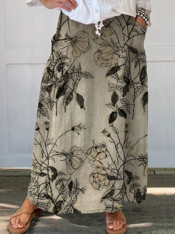JAIZY | ROCK MIT RETRO-BLUMENMUSTER UND ELASTISCHEM BUND MIT TASCHEN