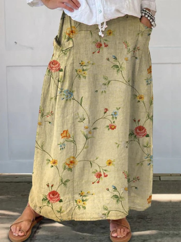MELLA | RETRO ELEGANT FLORAL-ROCK MIT ELASTISCHEM BUND UND TASCHEN