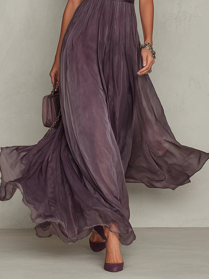 SOPHIE | LANGES LILA KLEID MIT TIEFEM AUSSCHNITT UND CHIFFON-SPITZENBESATZ