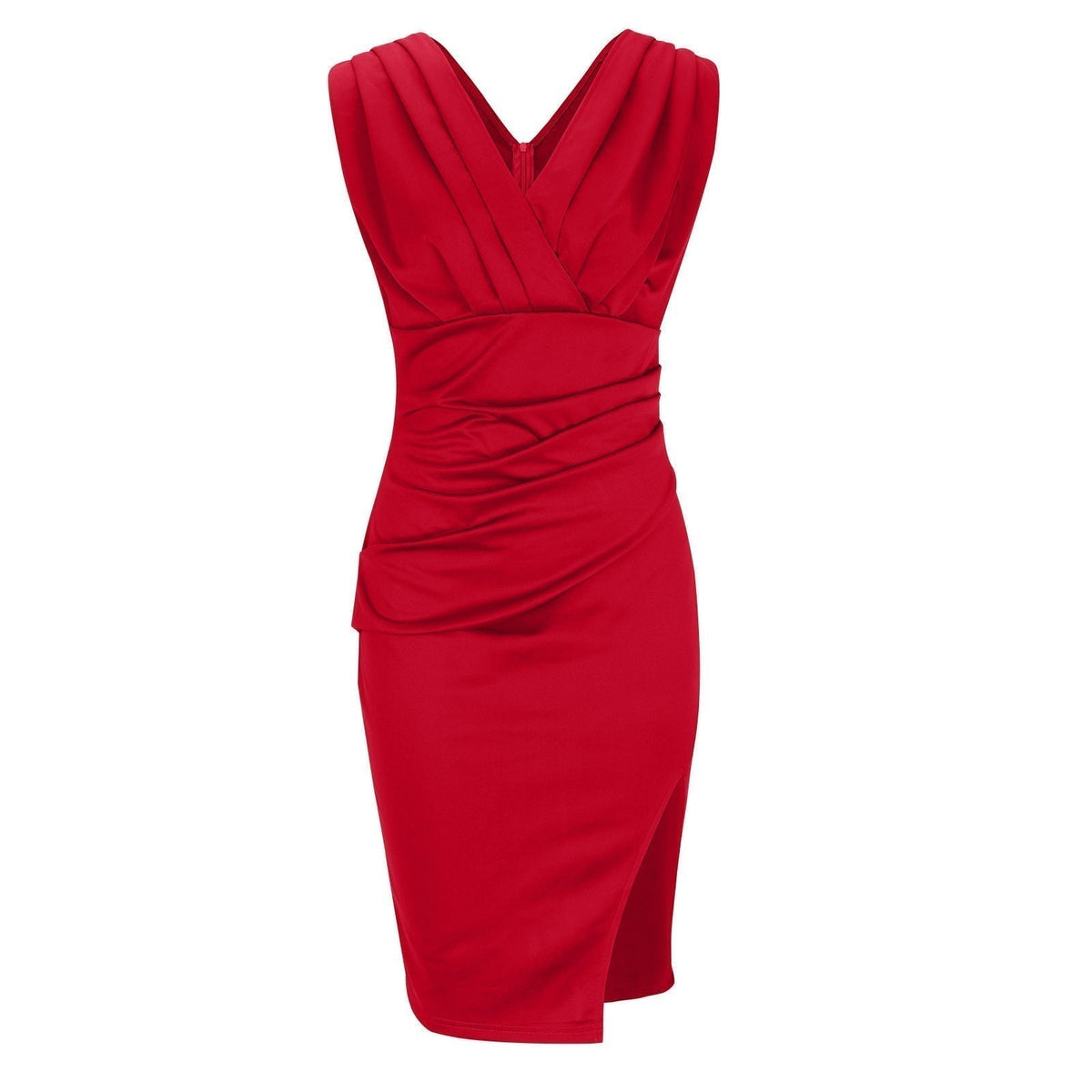 LORETTA | ÄRMELLOSES MIDI-KLEID MIT V-AUSSCHNITT, RAFFUNGEN UND SCHLITZ