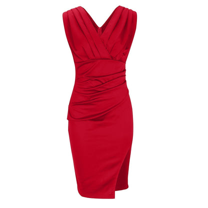 LORETTA | ÄRMELLOSES MIDI-KLEID MIT V-AUSSCHNITT, RAFFUNGEN UND SCHLITZ