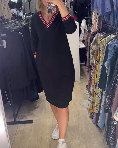 WANDA | SPORTY STRIPE TRIM V-NECK DRESS WITH POCKETS