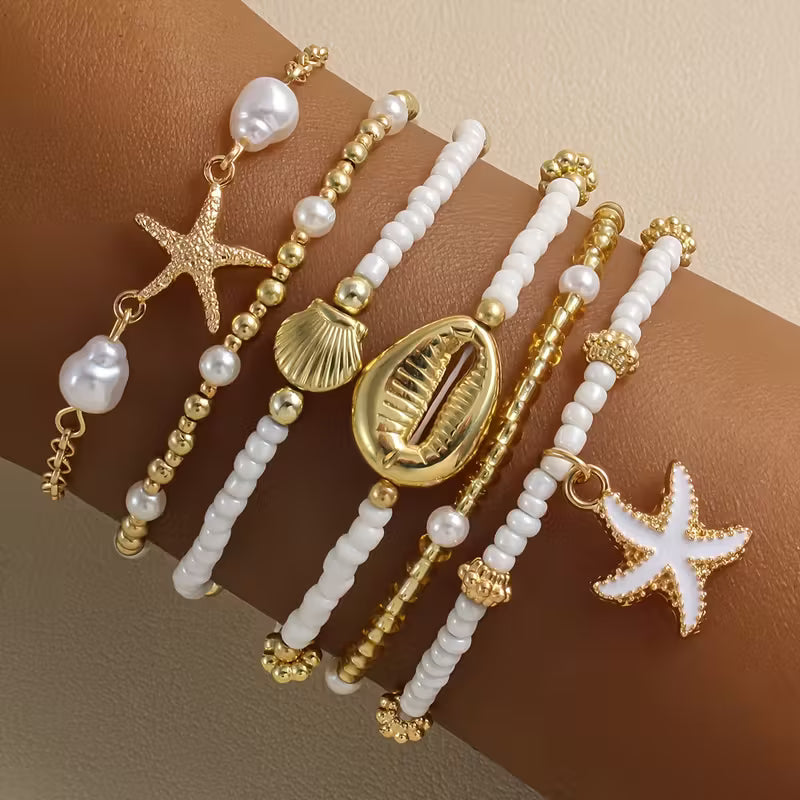 CORALIA | KÜSTEN-GOLD & PERLEN ARMBAND-SET, 6-TLG.