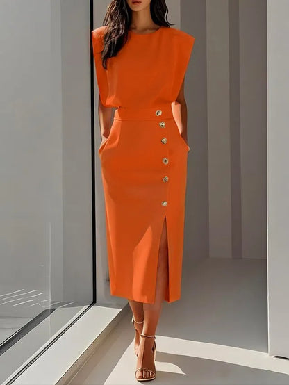 GENEVIEVE | PADDED SHOULDER BUTTON DETAIL MIDI DRESS WITH SLIT