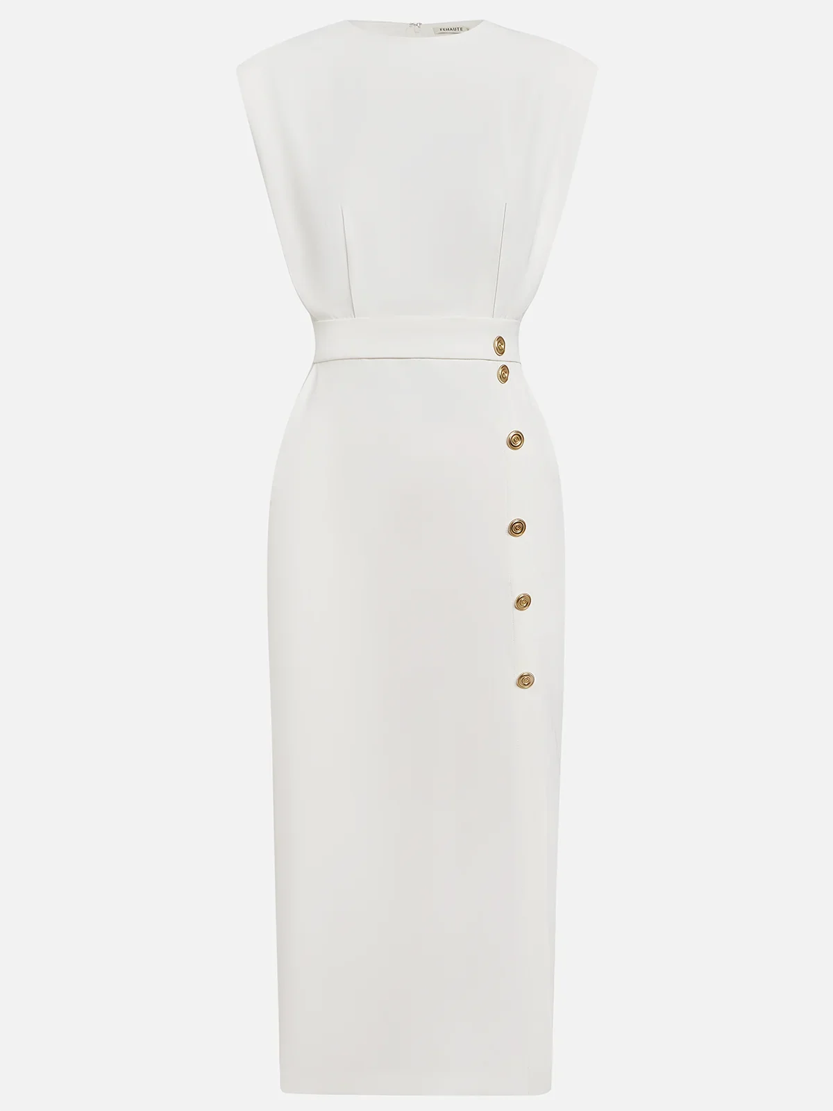 GENEVIEVE | PADDED SHOULDER BUTTON DETAIL MIDI DRESS WITH SLIT
