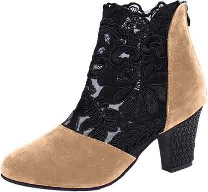 MARILYN | LACE EMBROIDERED BLOCK HEEL ANKLE BOOTS